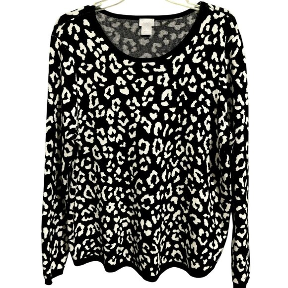 Chicos Womens Black & White Leopard Print Sweater 3 XL Pullover Rayon/Polyester - Picture 2 of 7